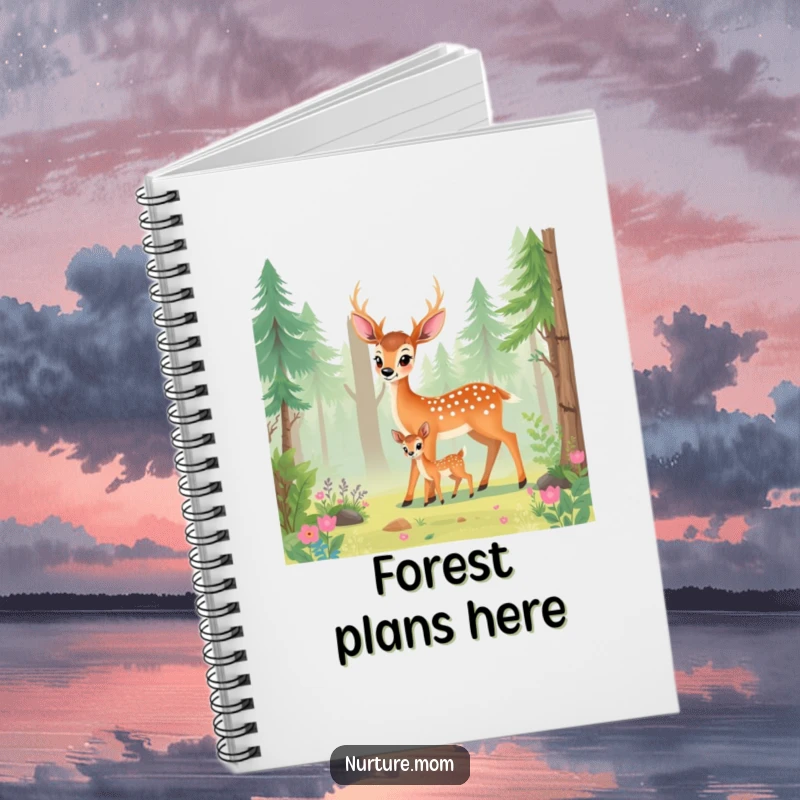 Funny deer mom notebook featuring a sweet scene of a doe and fawn in a forest, ideal for journaling.