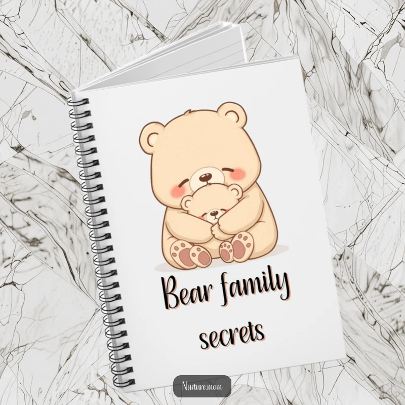 Funny bear notebook featuring a mother bear gently hugging her cub, perfect for journaling and humor.