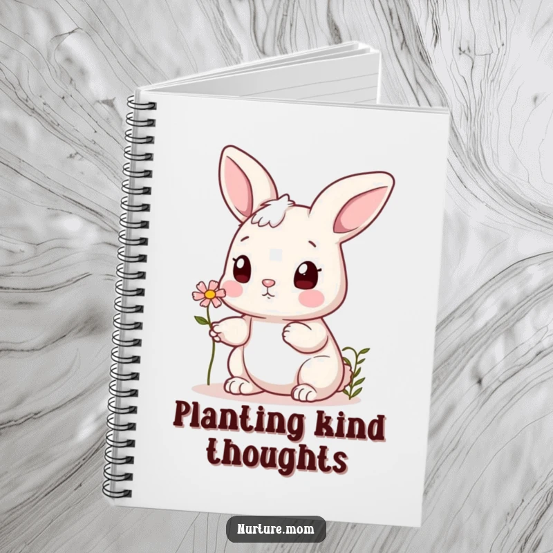 Funny bunny notebook featuring a cute rabbit offering a tiny flower to a friend, perfect for writing, journaling, and creative note-taking.