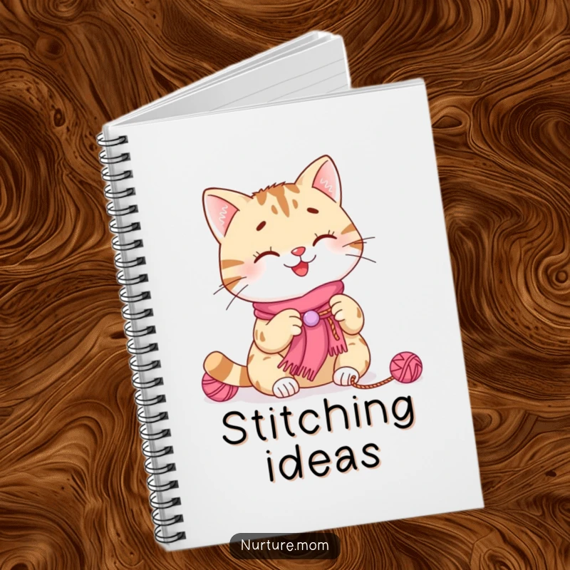 Funny cat knitting notebook featuring a smiling cat making a tiny scarf, perfect for journaling, notes, and creative writing.