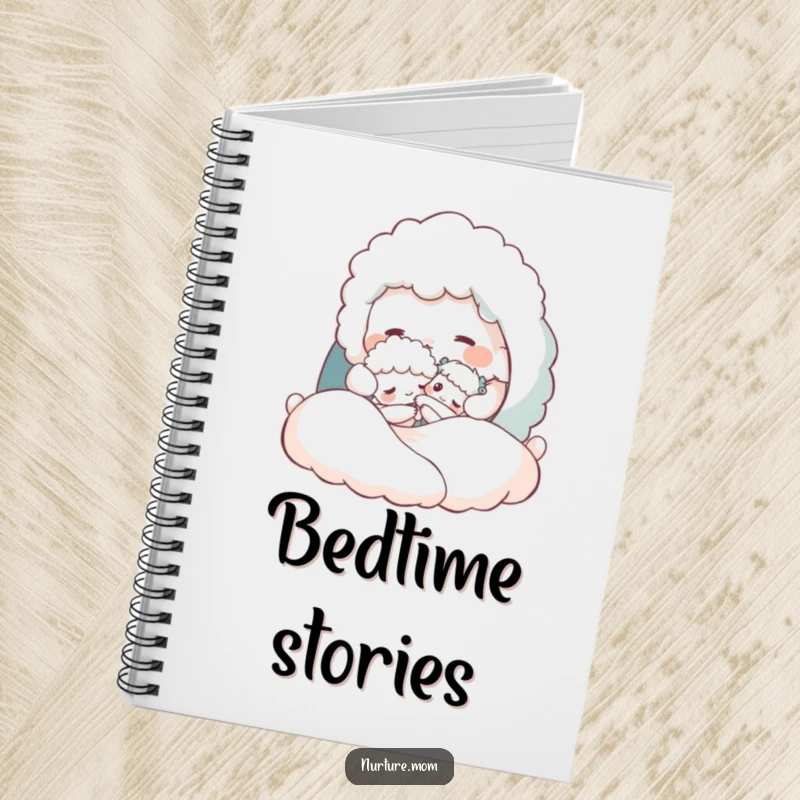 Funny notebook with a fluffy creature tucking a tiny one into a cozy bed, ideal for sleep logs and thoughts.