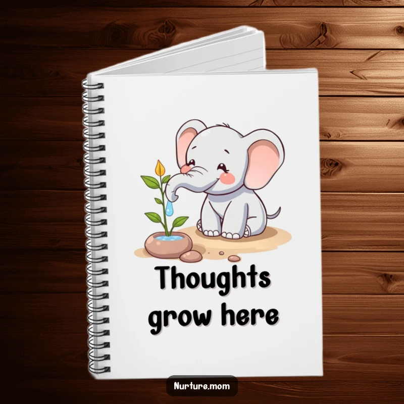 Funny notebook with a happy elephant character using its trunk to water a plant, a humorous cover for journaling and note-taking.