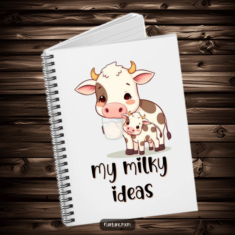 Funny! Notebook cover featuring a contented cow mom character offering milk to her calf with a loving expression, ideal for notes.