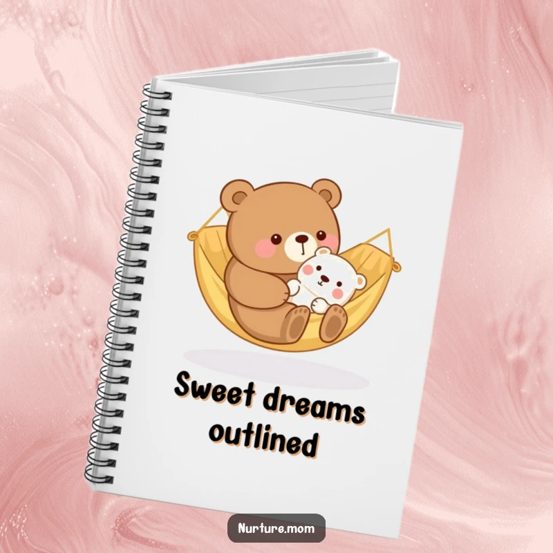 Funny kawaii bear mom rocking a baby animal in a cozy hammock, featured on a notebook for jotting down sweet thoughts.