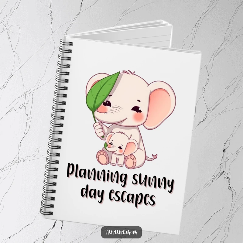 Funny kawaii elephant mom shielding baby elephant from sun with a leaf on a spiral-bound notebook.