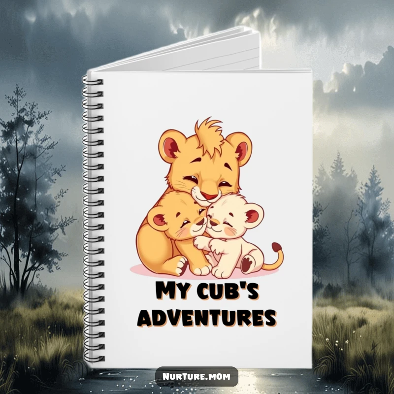 Funny! Notebook cover featuring a nurturing lioness cub grooming her playful baby, ideal for notes, ideas, and gentle inspiration.