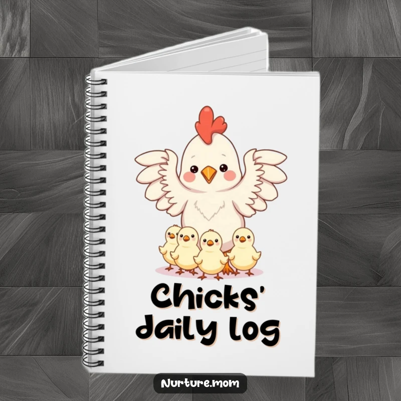 Funny notebook with a kawaii chicken mom protecting chicks under her outstretched wings, perfect for journaling motherhood.