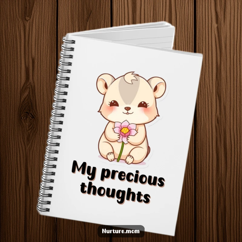 Funny notebook with a small animal gently cradling a delicate flower bud in a nurturing gesture on the cover.