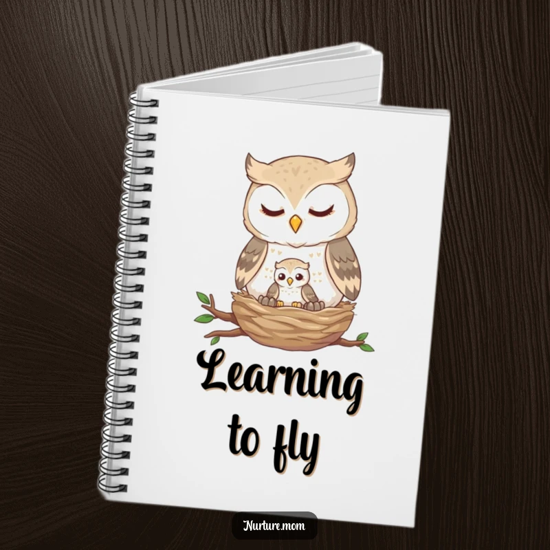 Funny owl nest notebook featuring a gentle owl feeding a tiny fledgling, perfect for journaling, notes, and thoughtful writing.