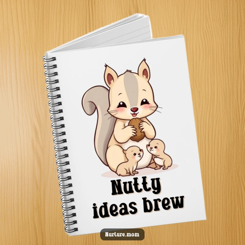 Funny squirrel mom notebook featuring a mother squirrel sharing nuts with her babies, ideal for journaling.