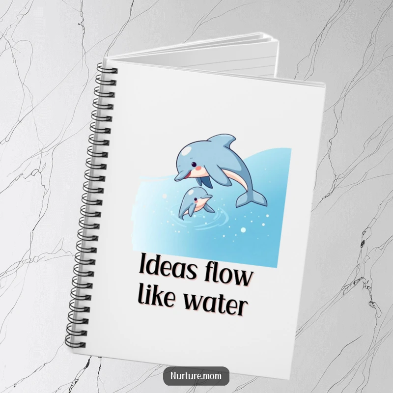 Funny notebook featuring a playful dolphin mom guiding her calf through sparkling water, ideal for writing notes and creative ideas.