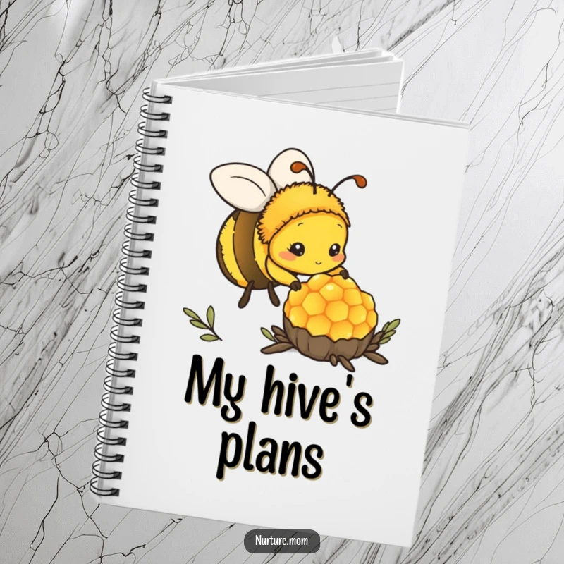 Funny kawaii mother bee tending honeycomb on a notebook cover, ideal for journaling.