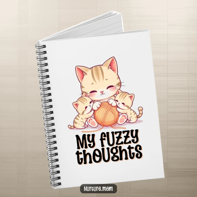 Funny kawaii mother cat and kittens playing with yarn on a notebook cover, ideal for journaling.