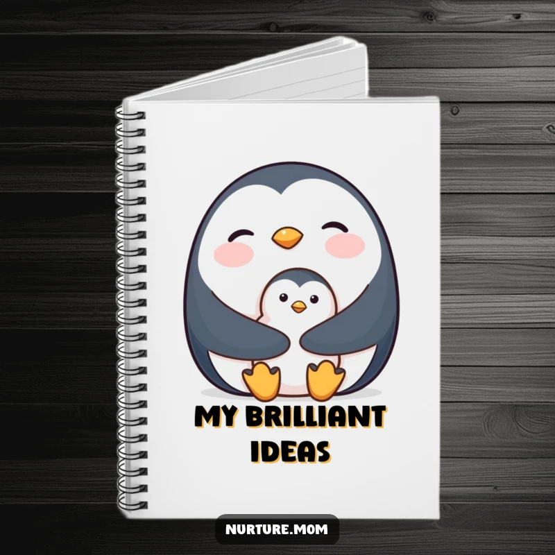 Notebook cover featuring a mother penguin holding her chick close for warmth, representing nurturing.