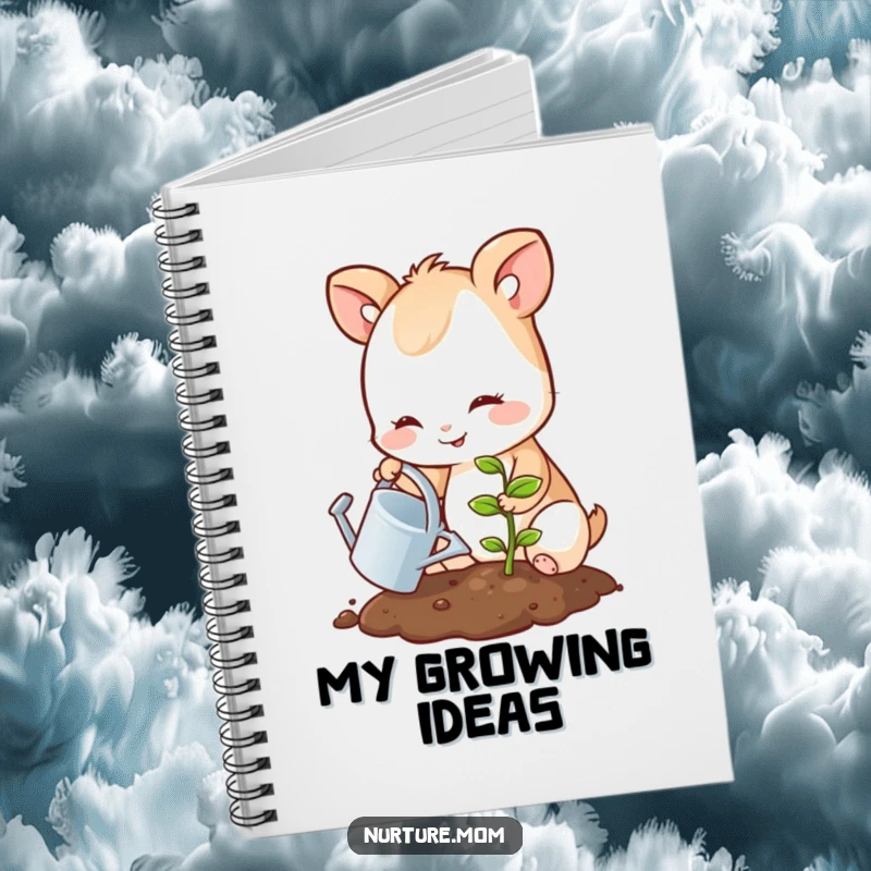 Funny notebook with a small, smiling animal watering a sprouting seedling on the cover, perfect for notes.