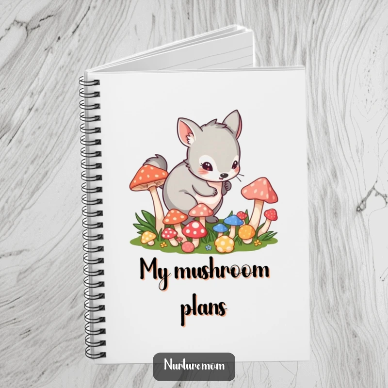 Funny notebook with a small animal in a playful crouch tending to vibrant mushrooms on the cover.