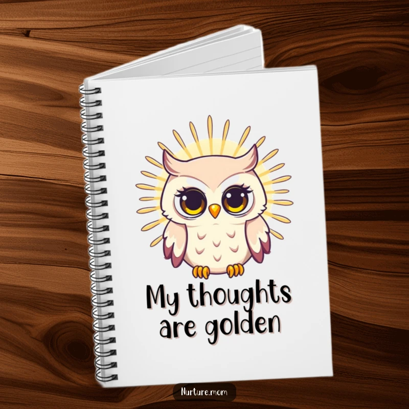 Funny notebook with a radiating owl mom cover, bright wise gaze, perfect for journaling thoughts and ideas with a touch of humor.