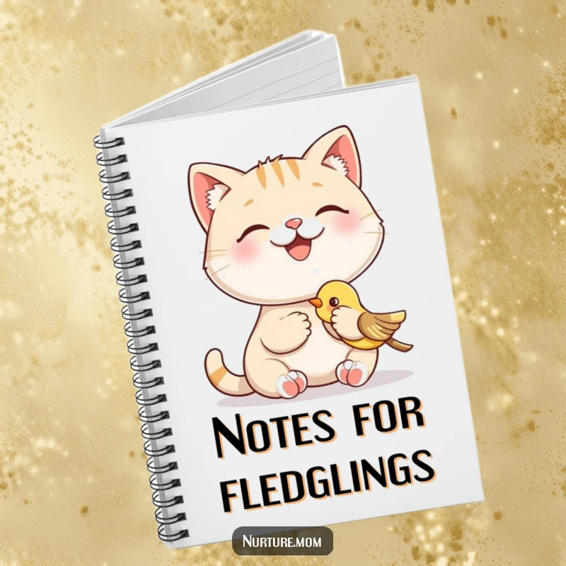 Funny notebook with a smiling cat character happily feeding a baby bird, a humorous cover for journaling and note-taking.