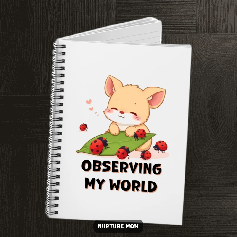 Funny notebook with a small animal sighing contentedly while watching ladybugs crawl on a leaf on the cover.