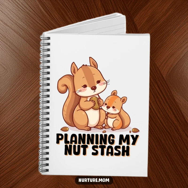 Funny Squirrel Notebook with a contented squirrel sharing nuts with a smaller one, perfect for writing with generosity and humor.