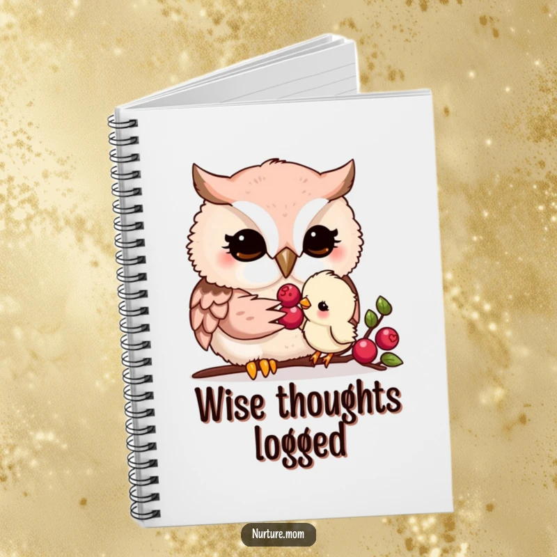 Funny kawaii owl mom gently feeding a tiny chick a berry, featured on a notebook for jotting down gentle thoughts.