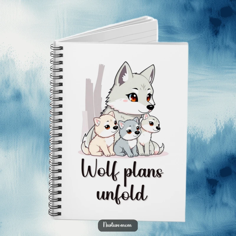 Funny wolf mom notebook featuring a watchful wolf mother and pups, perfect for journaling.