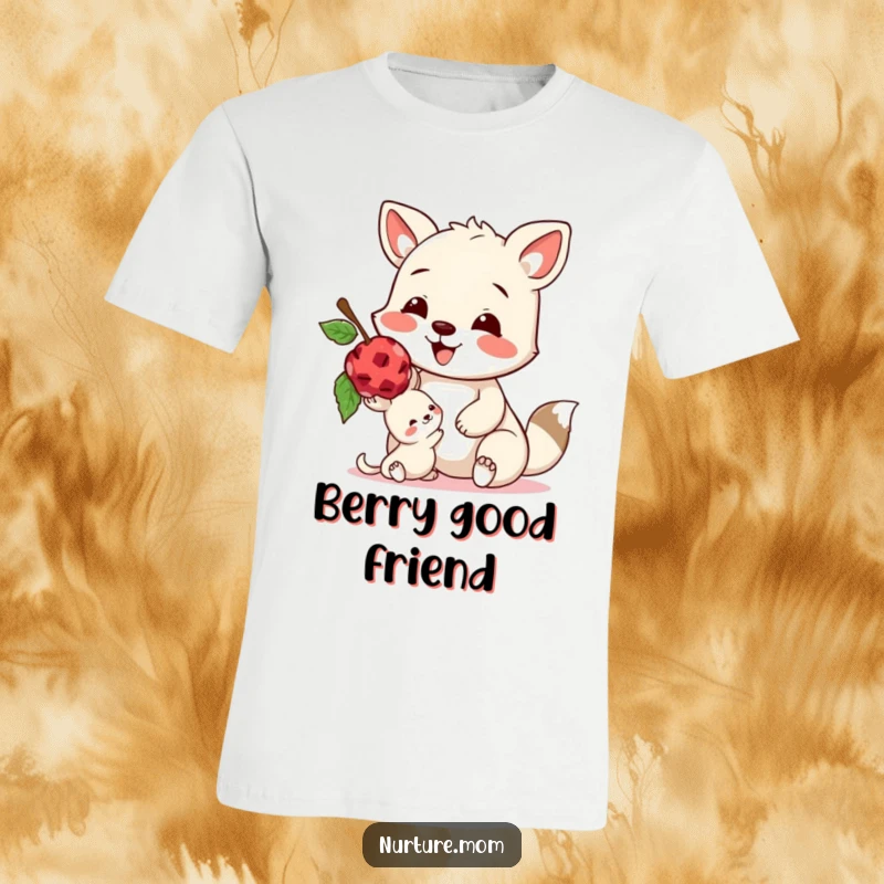 Funny t-shirt of a happy animal sharing a delicious berry with a smaller, appreciative creature, symbolizing generosity.