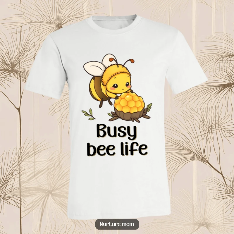 Funny kawaii mother bee working diligently on a honeycomb, depicted on a comfortable t-shirt.