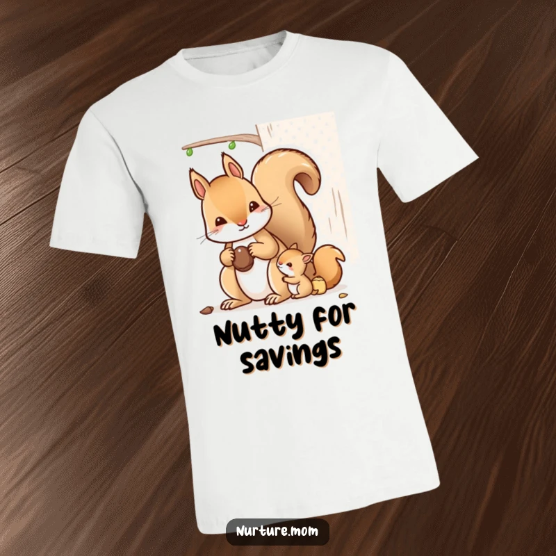 Funny kawaii mother squirrel demonstrating nut storage to her young on a comfortable t-shirt.