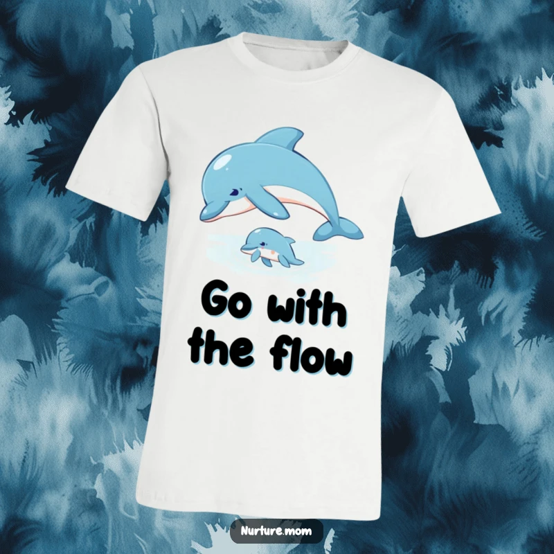 T-Shirt graphic of a mother dolphin guiding her young calf through the ocean waters.