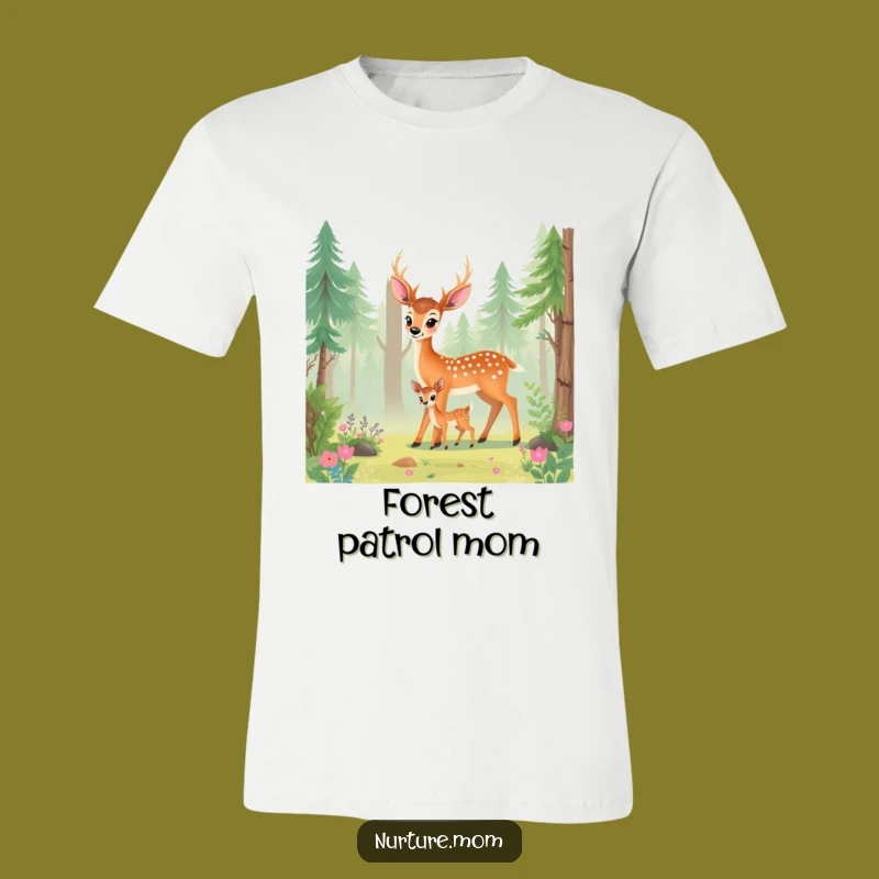 Funny Deer Mom T-Shirt: Adorable Mother Guiding Fawn in Lush Forest