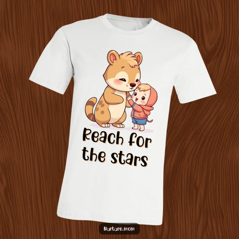 Funny animal guides a small creature to reach for a goal, symbolizing teaching and humor on a t-shirt.