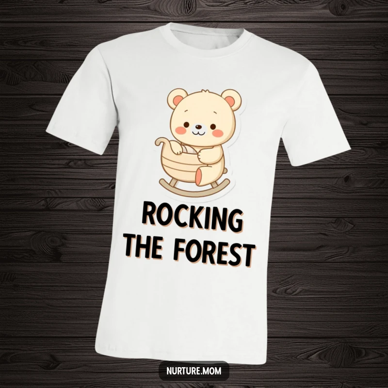 Funny t-shirt showing a cheerful bear character gently rocking a tiny cradle, a humorous and heartwarming depiction of gentle care.
