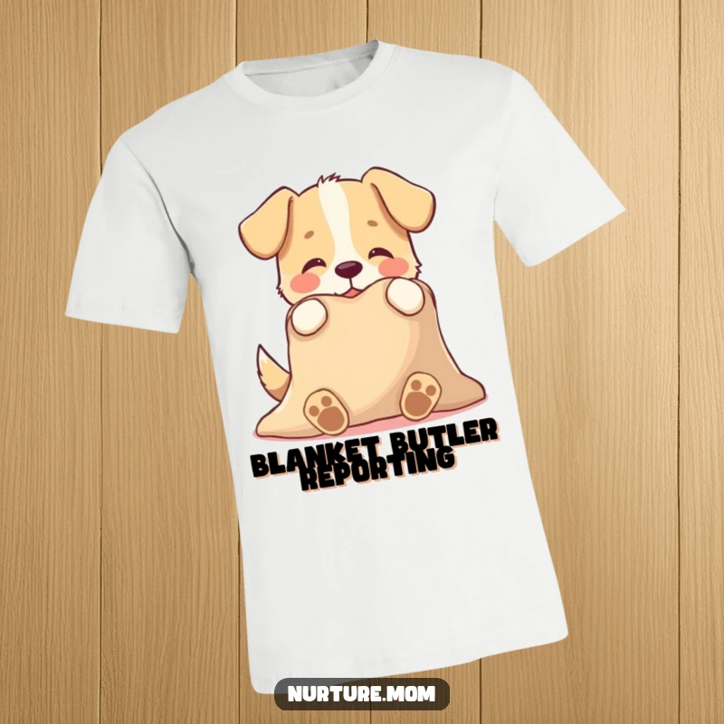 Funny t-shirt showing a playful dog character tenderly offering a warm blanket, a humorous and heartwarming depiction of canine affection.