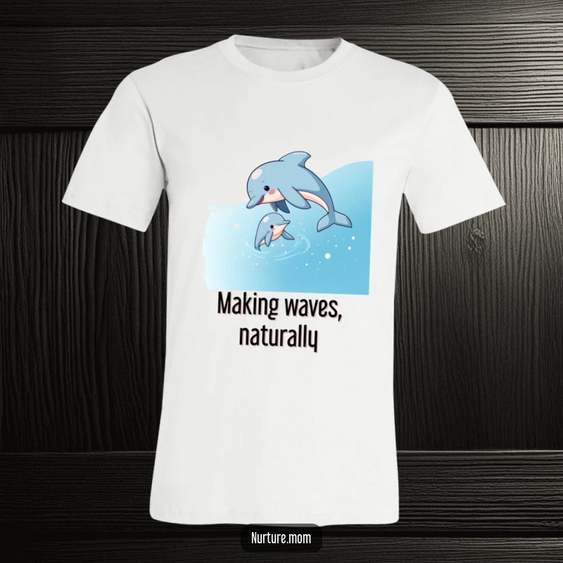 Funny t-shirt with a playful dolphin mom guiding her calf through sparkling water, celebrating marine life and maternal care.