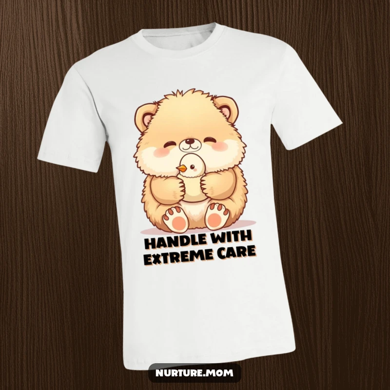 Funny t-shirt displays a fluffy animal's paws carefully cradling a small baby bird, showcasing an act of tender protection and cuteness.