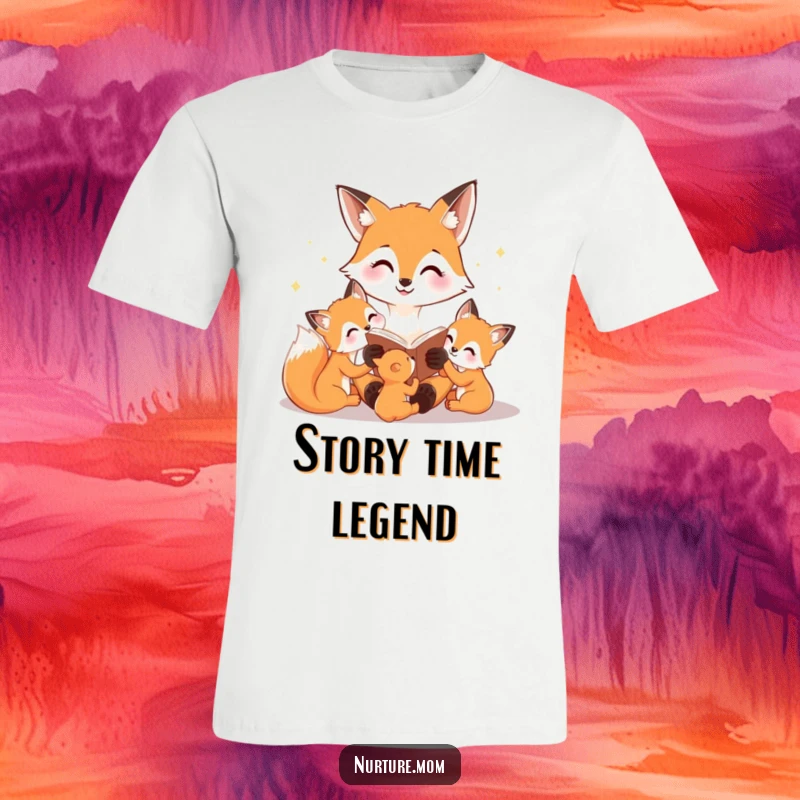Funny t-shirt with a happy fox mom reading a bedtime story to her cubs, celebrating family bonding and literacy.