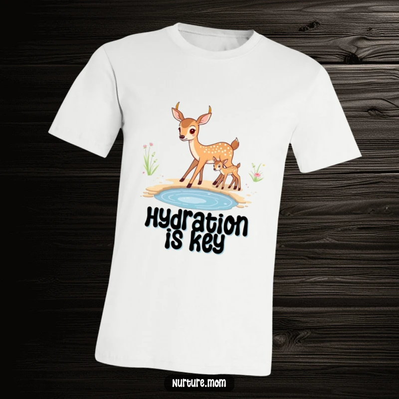 Funny kawaii mother deer guiding her fawn to a watering hole, depicted on a comfy t-shirt.
