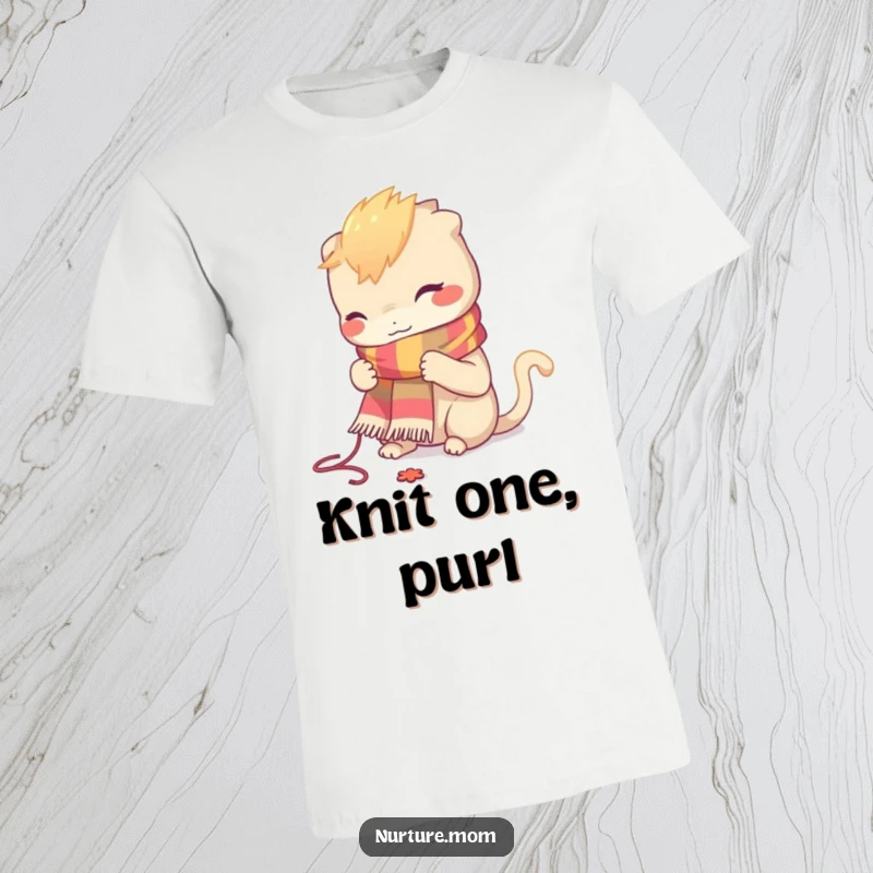 Funny t-shirt of a creature knitting a small, vibrant scarf with intense focus, perfect for any crafter.