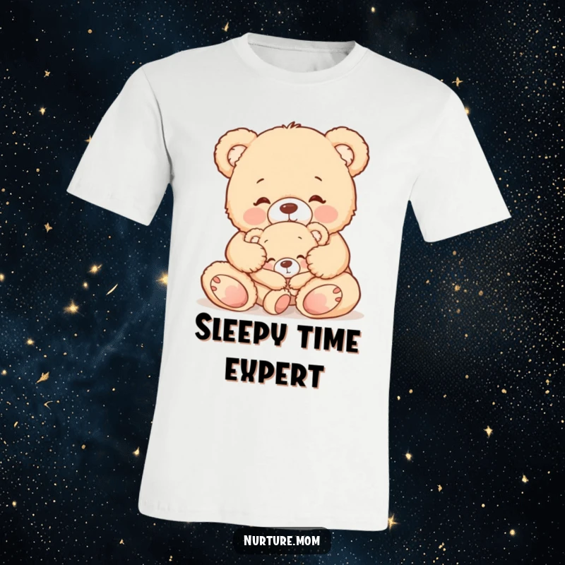 Funny t-shirt with a cute teddy bear mom gently tucking in her sleepy baby bear, celebrating motherly affection and bedtime.