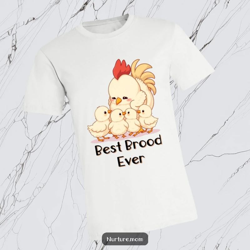 Funny mother hen and chicks t-shirt featuring a loving hen gazing at her fluffy brood, a cute and humorous apparel item.