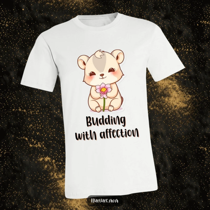 Funny t-shirt with a small animal gently cradling a delicate flower bud in a nurturing gesture, perfect for nature lovers.