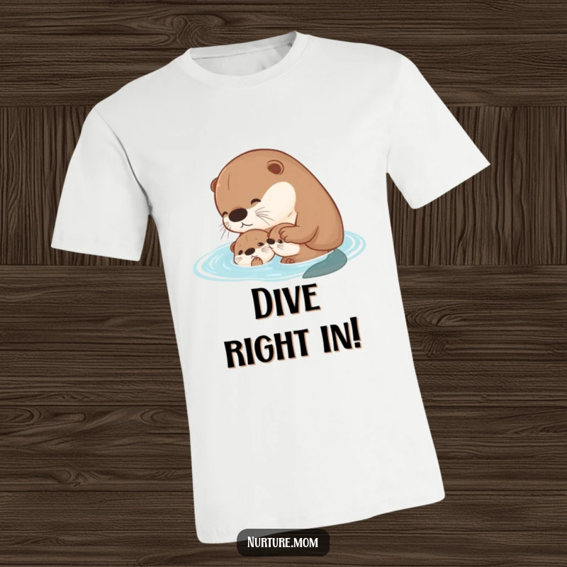 Funny kawaii mother otter teaching her pup to swim on a comfortable T-shirt.