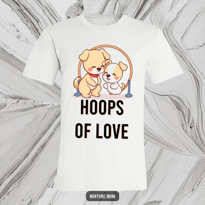 Funny graphic t-shirt of a kawaii dog mom patiently guiding a puppy through a hoop, celebrating training milestones.