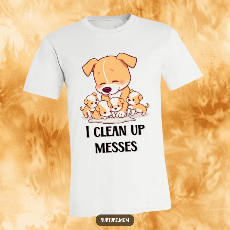 Funny T-Shirt featuring a mom dog humorously tidying up after her energetic and messy puppies.
