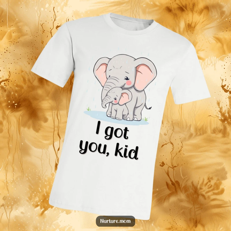 T-Shirt graphic of a mother elephant protectively covering her calf during a rain shower.