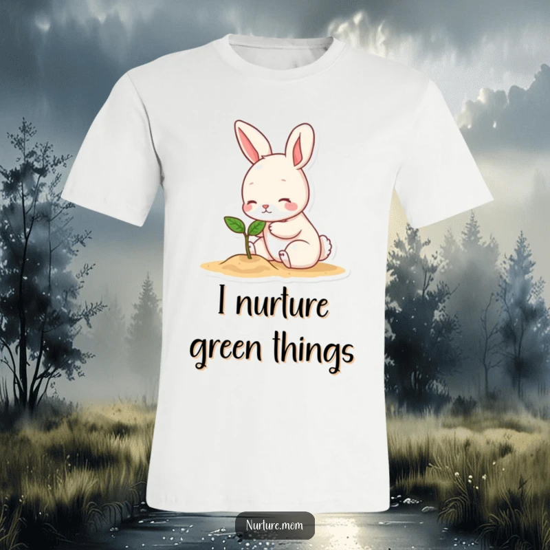 Funny t-shirt featuring a small bunny character gently patting a tiny green sprout, a humorous and heartwarming depiction of nature's growth.