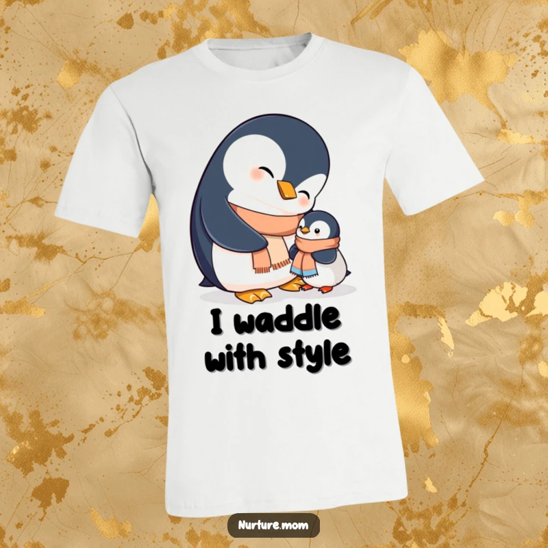 Funny mama penguin lovingly assists her chick in donning a miniature scarf, capturing a sweet moment on this t-shirt.