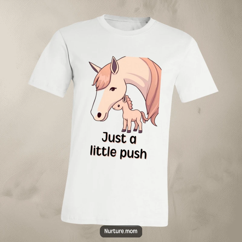 T-Shirt graphic of a mother horse gently nudging her curious foal with her nose.