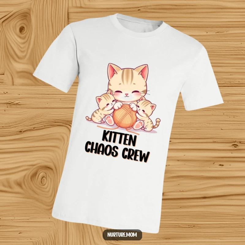 Funny kawaii mother cat and her kittens tangled in yarn on a comfortable t-shirt.